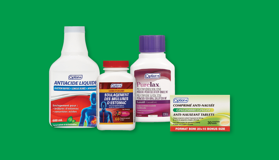 Produits aides à la digestion Option+, disponible dans une pharmacie Proxim près de chez vous.