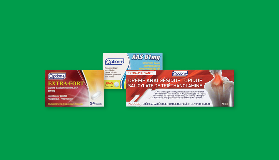 Produits antidouleurs Option+, disponible dans une pharmacie Proxim près de chez vous.