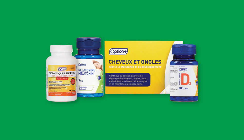 Produits vitamines, probiotiques et produits naturels Option+, disponible dans une pharmacie Proxim près de chez vous.