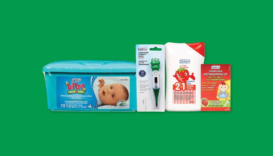 Produits santé et soins pour enfants Option+, disponible dans une pharmacie Proxim près de chez vous.
